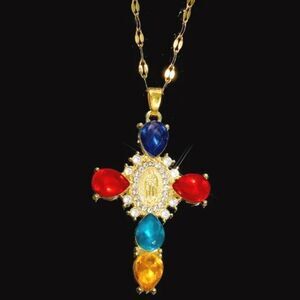 Gold Chain Necklace with Colorful Gemstone Pendant 15.74 inches